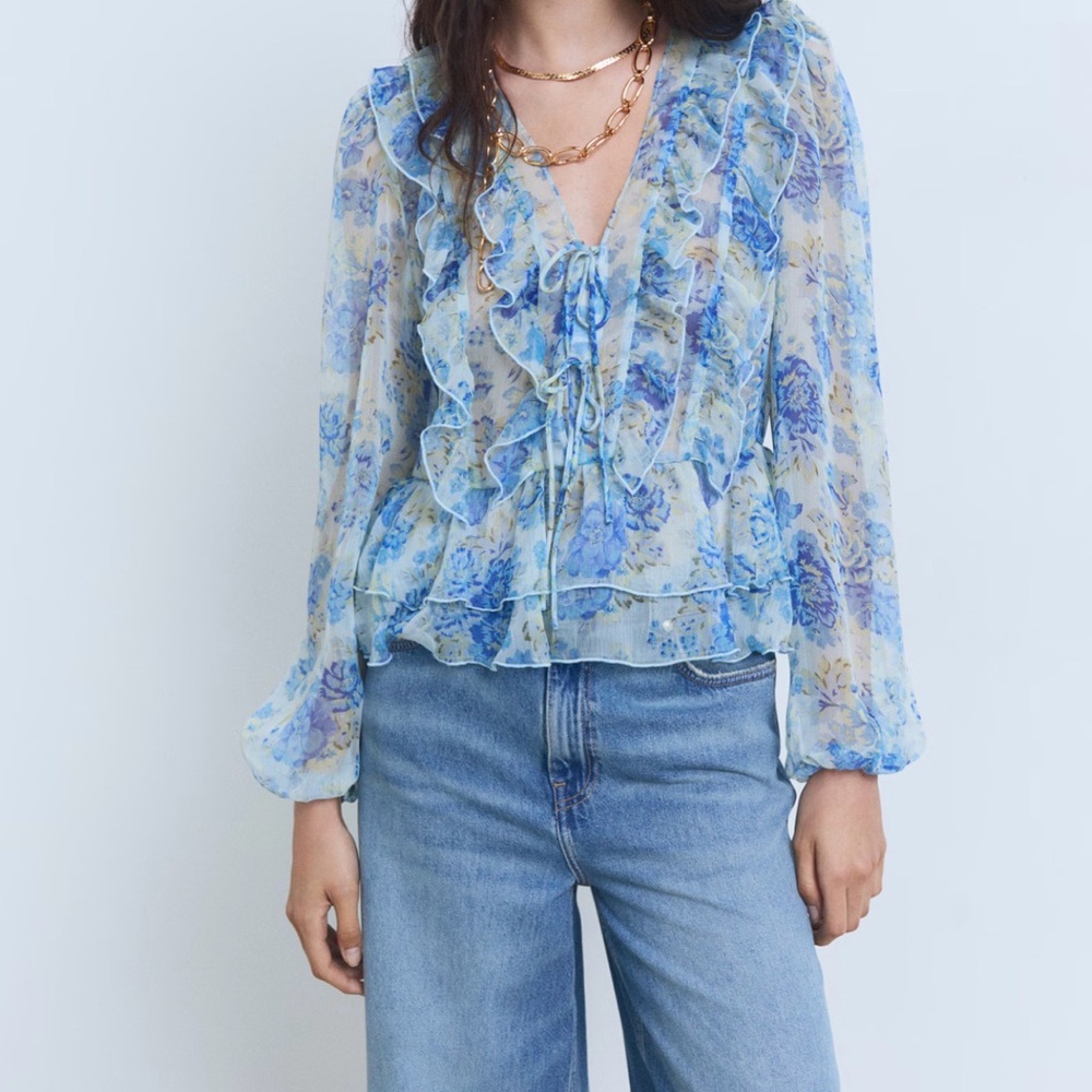 Floral Blue Ruffle Blouse